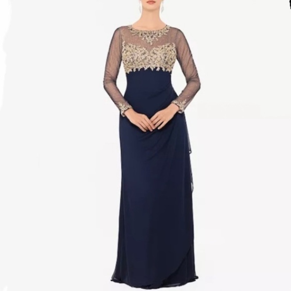 XSCAPE Petite Embellished Sheer Long Sleeve Ruched Gown in Navy/gold